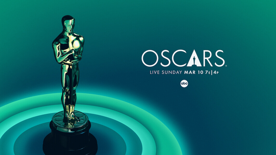 oscar statuette on turquoise background, poster for 2024 Oscars gala